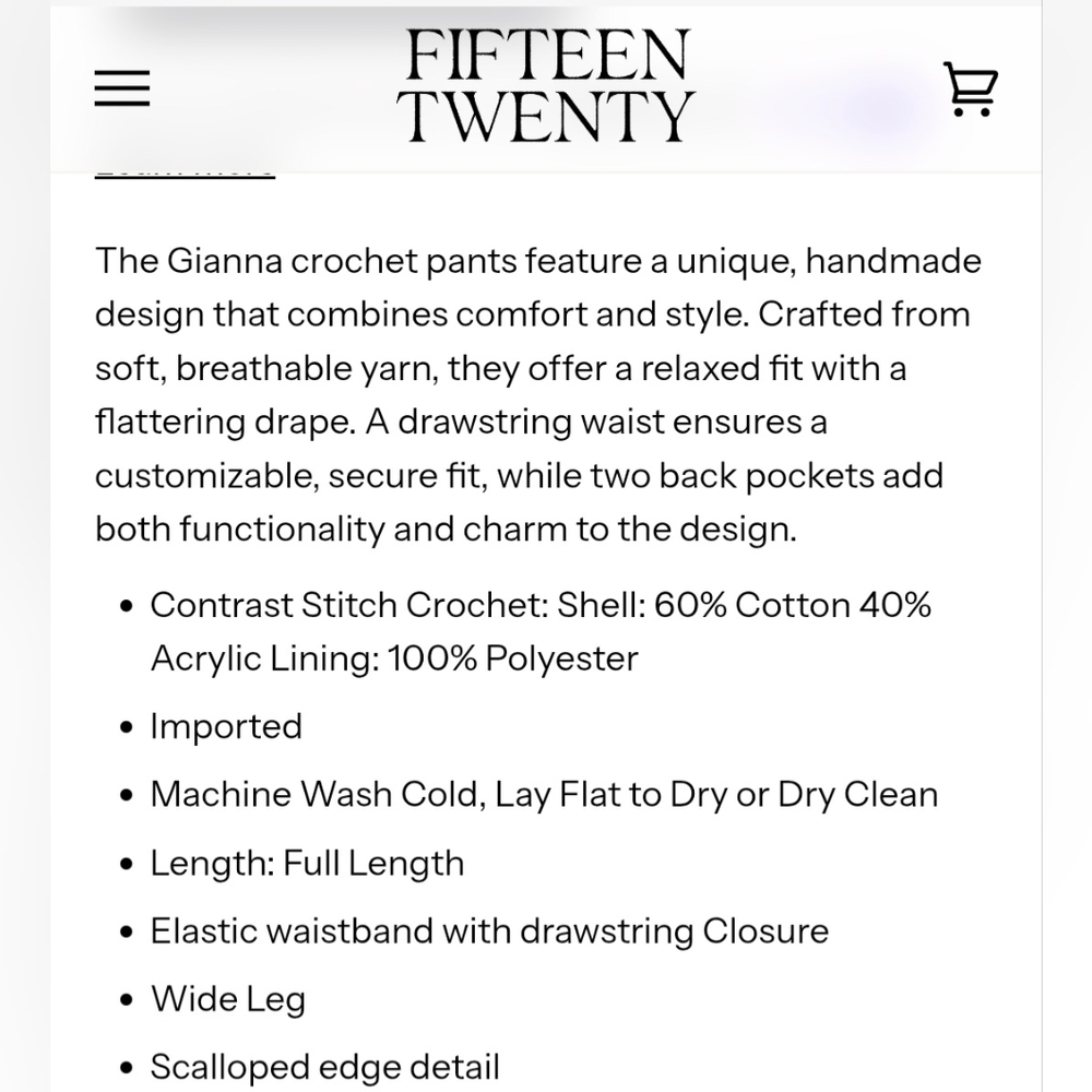 New Fifteen Twenty Los Angeles Gianna Cream Wide Leg Crochet Pants - Picture 16 of 16